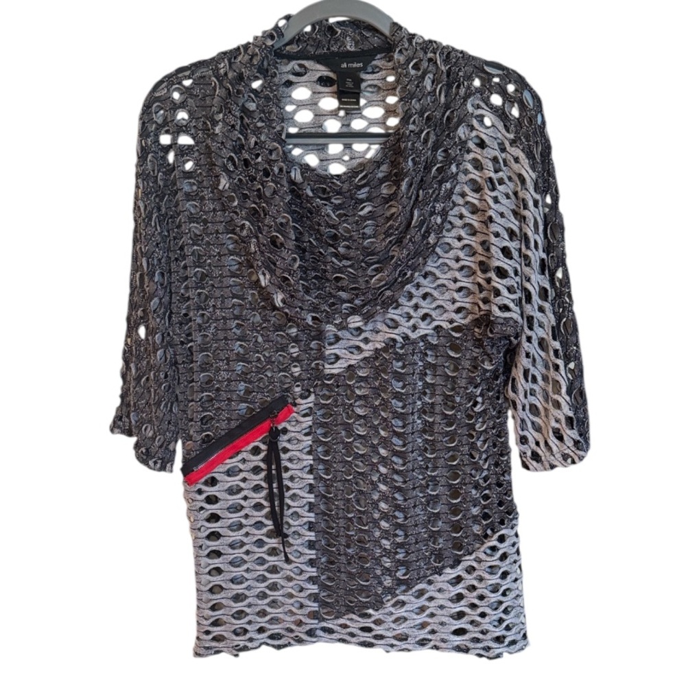 ALI MILES Womens Gray Silver Mesh 3/4 Sleeves Contemporary Cowl Neck Tunic Sz PM